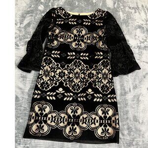 Eliza J Womens Black & Beige Embroidered Lace Shift Dress Size 4 Floral Sleeve